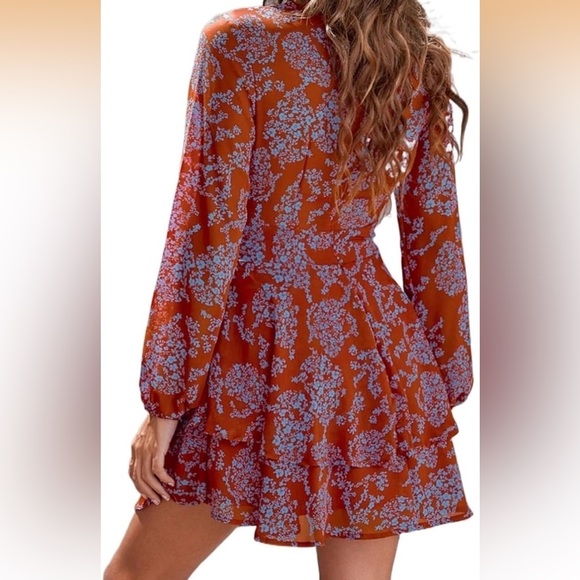 Floral Wrap Dress in Rust and Blue - Picture 3 of 6